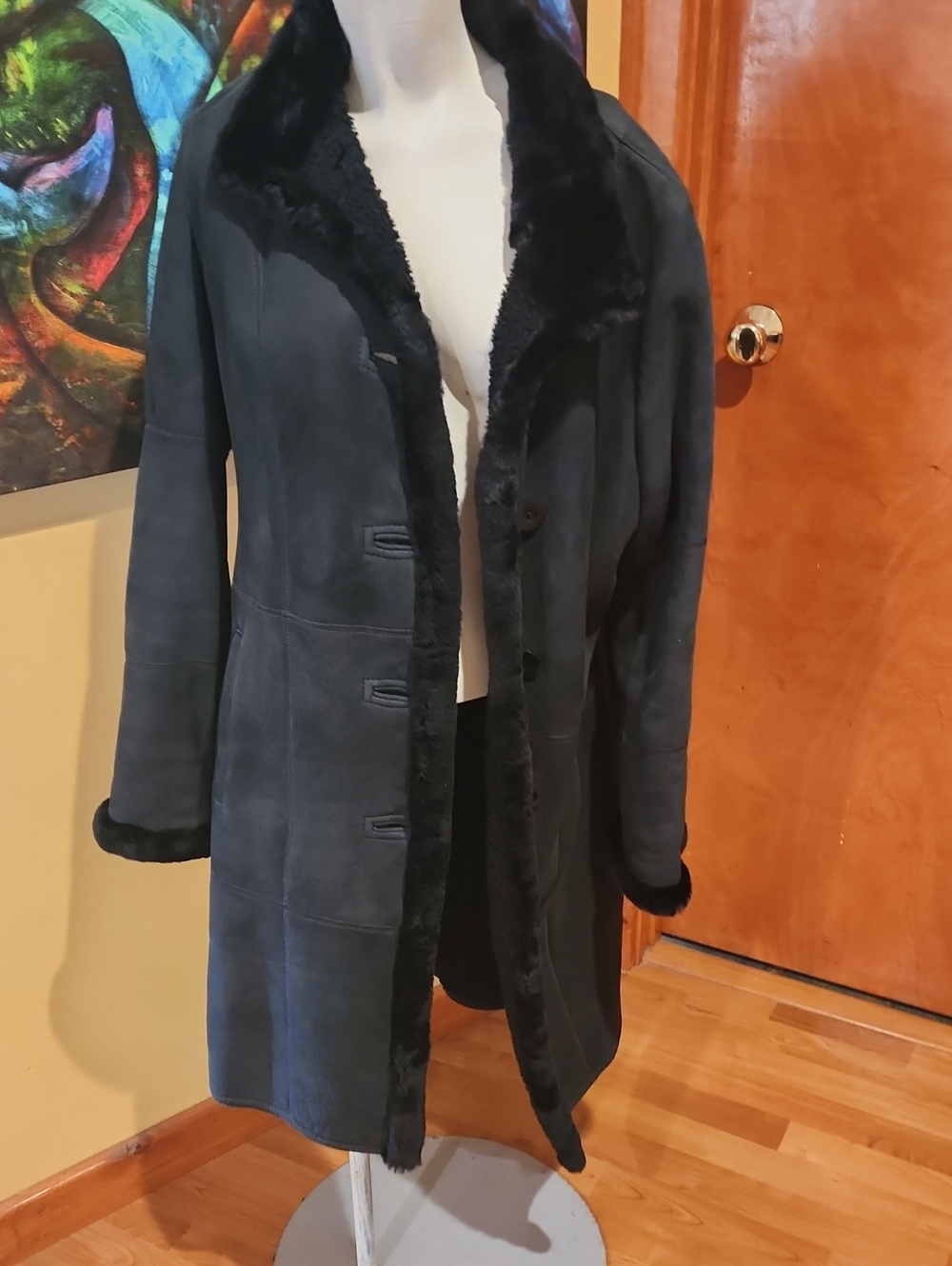 Audrey Talbott Black Suede, Lambs Wool Long Women's Winter Coat
